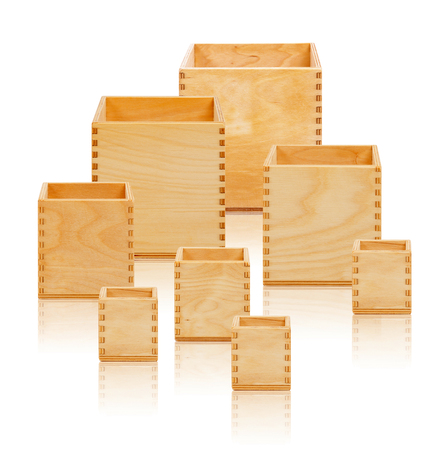 Wooden open boxes on the white backgroundの写真素材
