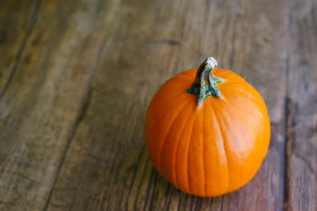 Top view of one sugar pumpkin on a farm table