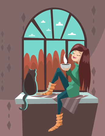The girl with a cat on a windowsill drink hot tea. Vector  illustration.のイラスト素材