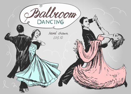 Ballroom dance. Couple dancing waltz. Hand drawn vector illustration. Isolatedのイラスト素材