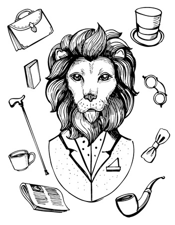 Lion in suit. Gentleman icons. Hand drawn vector illustration.のイラスト素材