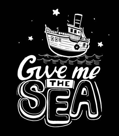 Hand drawn vector illustration with cartoon ship, wave and night skyのイラスト素材