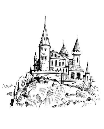 Castle on a rock. Hand drawn illustration converted to vectorのイラスト素材