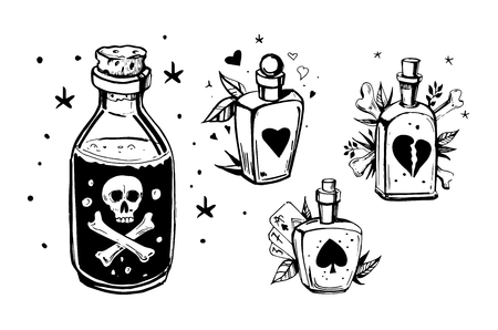 Bottles with potions. Poison and love potion. Hand drawn illustration converted to vector.のイラスト素材