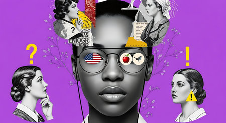 A collage of a woman's face with various images, including portraits, symbols, and graphic elements. The collage is colorful and visually interesting, with a vintage style.の素材