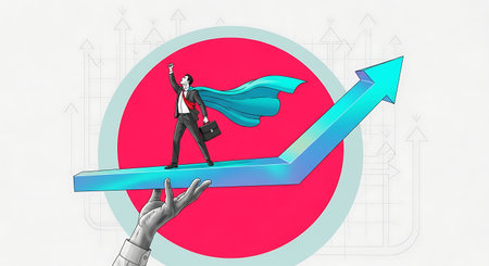 A businessman with a cape rides an arrow, symbolizing success and growth. A hand supports the arrow, representing guidance and direction towards achieving goals.の素材