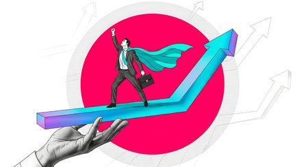 A businessman dressed as a superhero stands on an upward arrow. The arrow is being held up by a hand. The background is white with a red circle. The man is wearing a suit.の素材