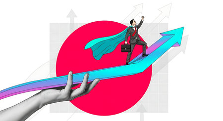 A businessman with a cape rides an arrow, symbolizing success and growth. A hand supports the arrow, representing guidance and direction towards achieving goals.の素材