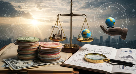 Economic scales featuring world globes, money, factories, book, and magnifying glass. Analysis concept for global finance, business, and investment.の素材
