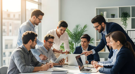 Team collaborating on project. Modern office space with natural lighting. Focused coworkers examine files on tablet. Professionals discuss future plans together.の素材