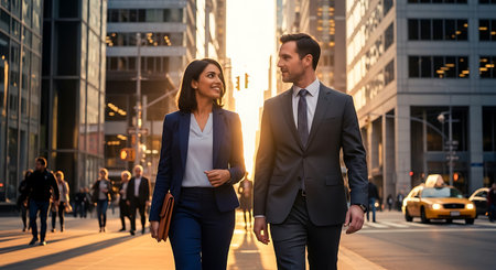 Businessman and businesswoman walking in the city. Business people walking in the city.の素材