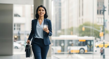 Portrait of young businesswoman using mobile phone while walking in the cityの素材