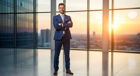 Handsome young businessman standing with arms crossed and looking at cameraの素材