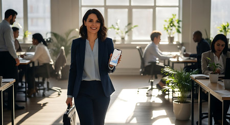 Beautiful businesswoman smiling and holding mobile phone while standing in officeの素材