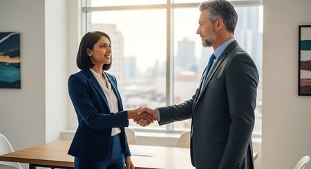 Businessman and businesswoman shaking hands in office. Business people shaking hands in office.の素材