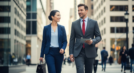 Businessman and businesswoman with briefcase walking in the city.の素材