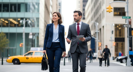 Businessman and businesswoman walking in city. Business people are walking in the city.の素材