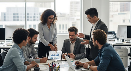 Group of multiethnic business people working together in modern office.の素材