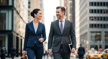 businessman and businesswoman in suits walking on street in New Yorkの素材