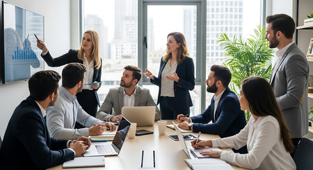 Group of business people working together in modern office. Teamwork concept.の素材