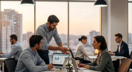 Group of business people working together in modern office. Businessman pointing at laptop screen.の素材
