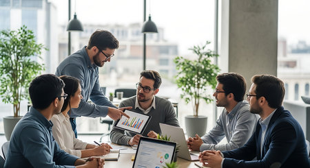 Group of business people working together in modern office. Teamwork concept.の素材