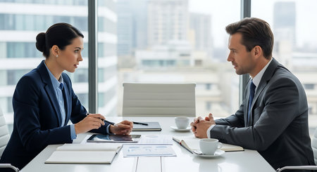 Businessman and businesswoman sitting at table in office and discussing projectの素材