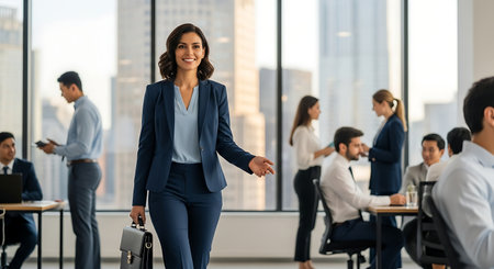 Happy businesswoman with briefcase walking in modern office with colleagues in backgroundの素材
