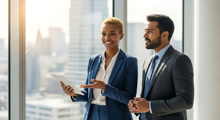 Businessman and businesswoman working on digital tablet in modern office.の素材