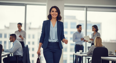 Beautiful businesswoman is holding a briefcase and smiling while standing in the officeの素材