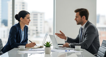 Businessman and businesswoman sitting at table in office, discussing somethingの素材