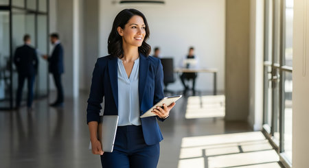 Portrait of smiling businesswoman holding digital tablet while standing in officeの素材