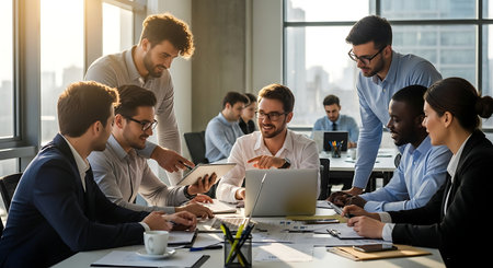 Group of multiethnic businesspeople working together in modern office. Diverse group of businesspeople using digital devices.の素材
