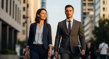 business, people and lifestyle concept - smiling businessman and businesswoman walking in cityの素材