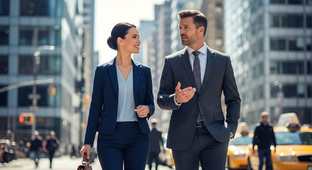 Businessman and businesswoman walking in the city. Business people.の素材