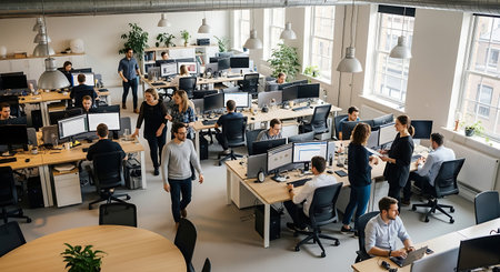 Group of business people working together in a modern open plan office.の素材