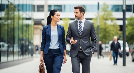 business, people and teamwork concept - smiling businesswoman and businessman walking outdoorsの素材