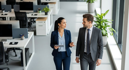 businessman and businesswoman with tablet pc walking in modern open space officeの素材