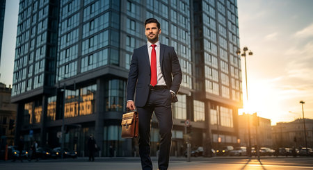 businessman in suit with briefcase walking on city street at sunsetの素材