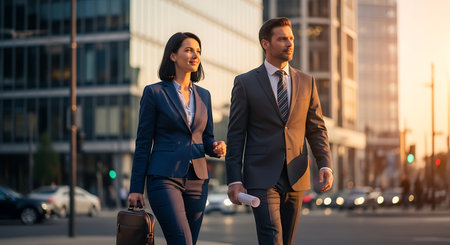 Young business people walking in the city. Businessman and businesswoman walking in the city.の素材