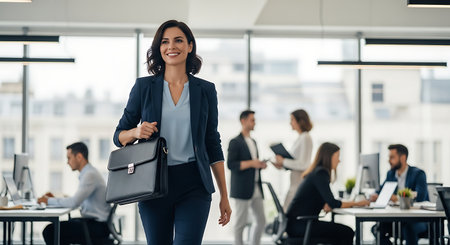 Portrait of smiling businesswoman with briefcase standing in modern officeの素材