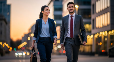 business, people and teamwork concept - smiling businessman and businesswoman walking outdoorsの素材