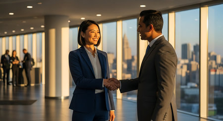 Businesswoman and businessman shaking hands in modern office with panoramic windowsの素材