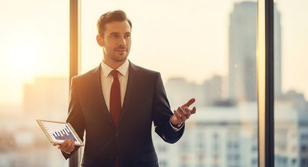 business, technology and people concept - smiling businessman with tablet pc computer in officeの素材