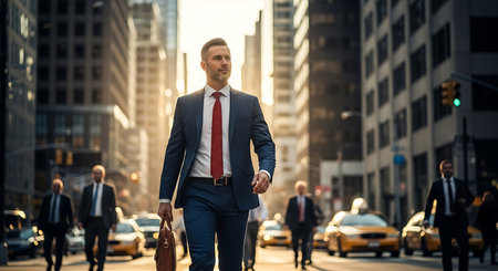 Handsome businessman with briefcase walking on the street in New York Cityの素材