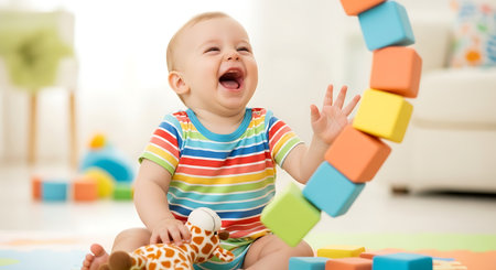 happy baby boy playing with colorful cubes at home or nursery, indoorsの素材