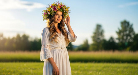 Beautiful young woman in a wreath of flowers on the fieldの素材
