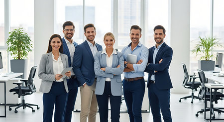 Group of happy business people standing together in modern office. Business people conceptの素材