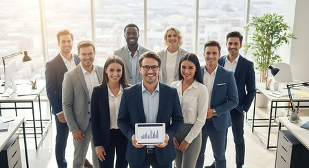 Portrait of a group of smiling business people standing together in an officeの素材