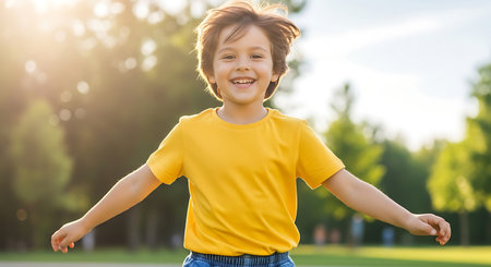 Portrait of a smiling little boy in a yellow t-shirt in the parkの素材